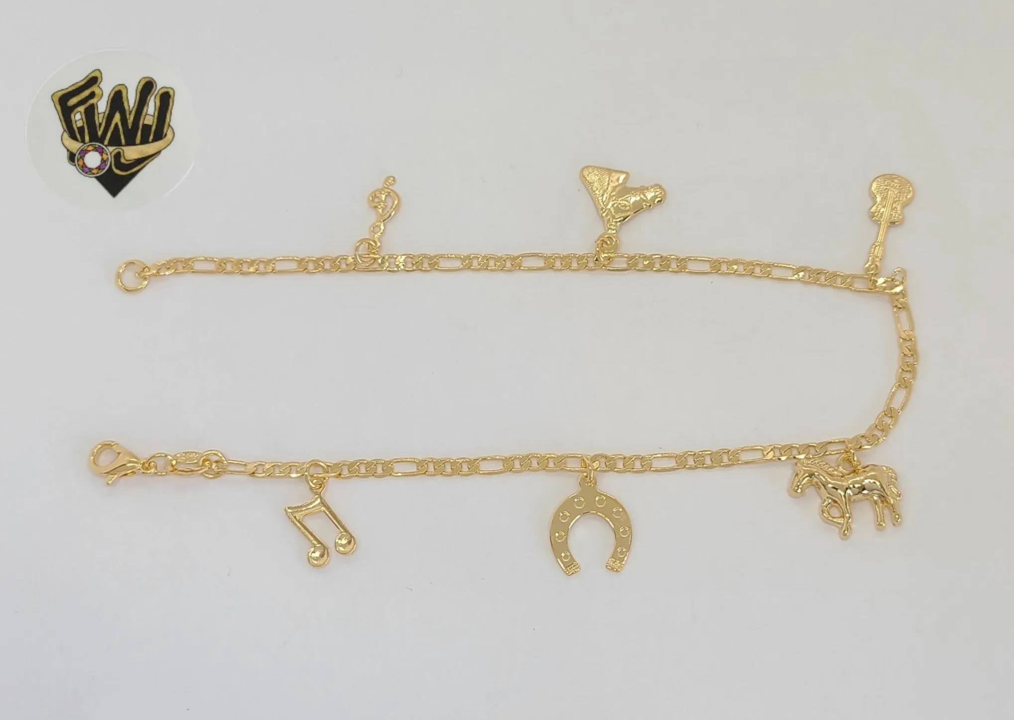 (1-0191) Gold Laminate - 2.5mm Figaro Link Farm Charms Anklet - 9.5 - BGF