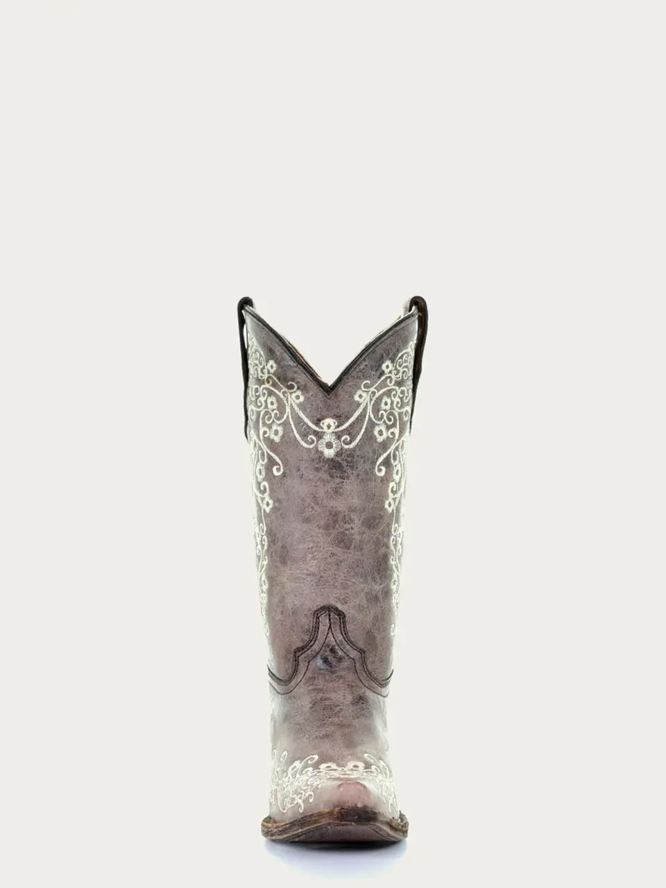 A2773 - TEEN'S BONE COLOR FLORAL EMBROIDERY SNIP TOE COWBOY BOOT
