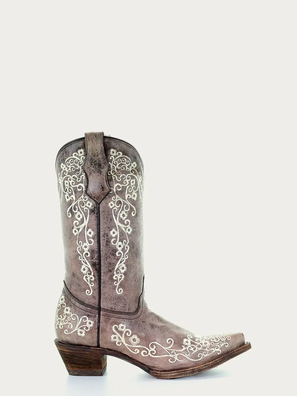 A2773 - TEEN'S BONE COLOR FLORAL EMBROIDERY SNIP TOE COWBOY BOOT