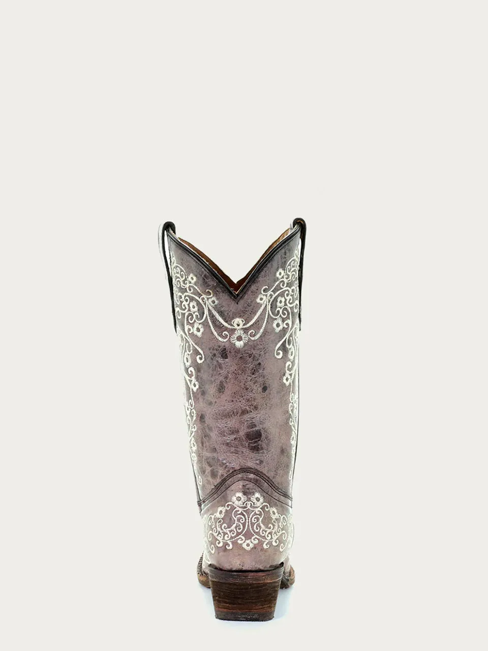 A2773 - TEEN'S BONE COLOR FLORAL EMBROIDERY SNIP TOE COWBOY BOOT
