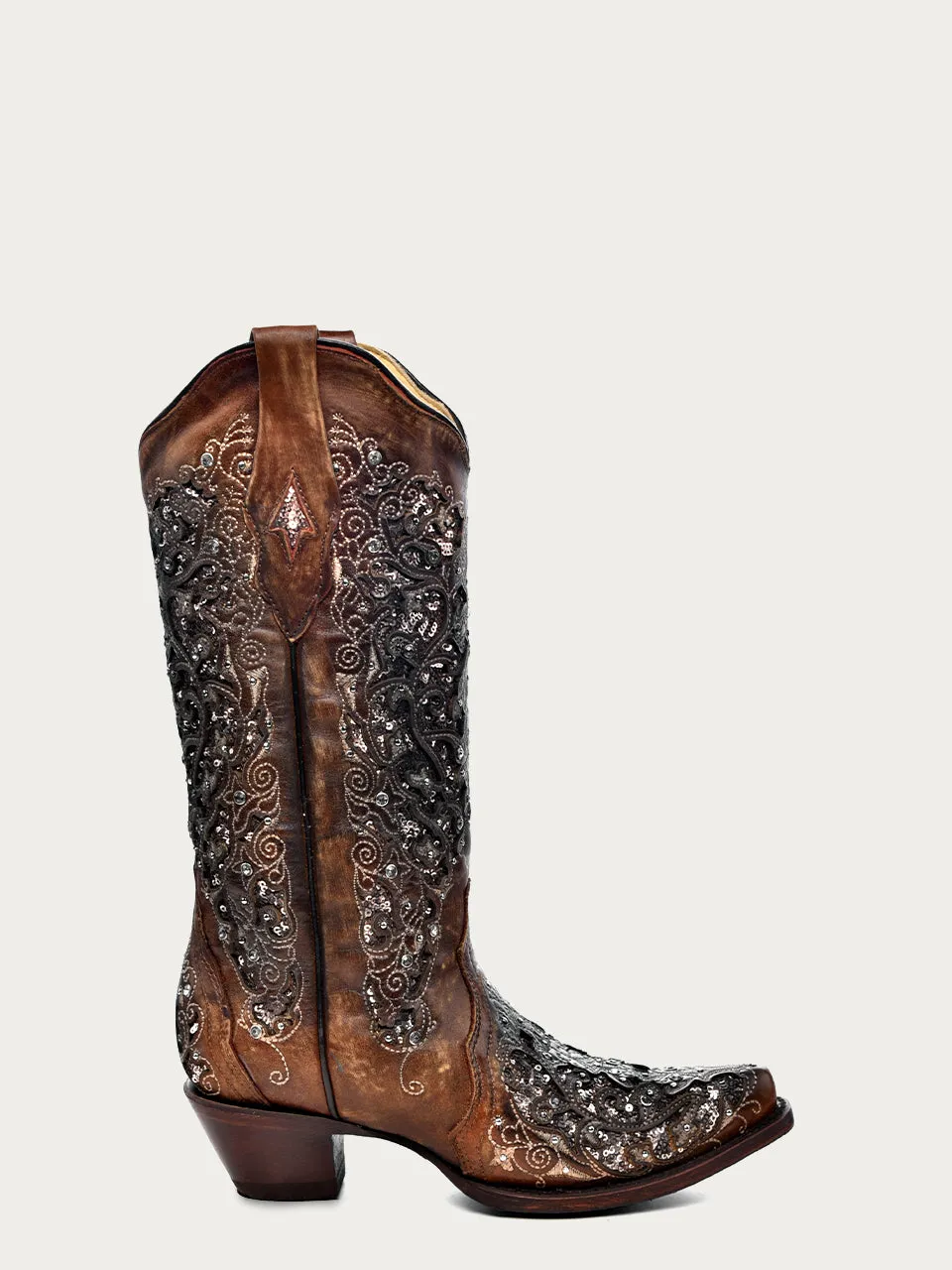 A3671A - WOMEN'S BLACK GLITTER INLAY FLORAL OVERLAY WITH CRYSTALS AND STUDS SNIP TOE COGNAC COWBOY BOOT