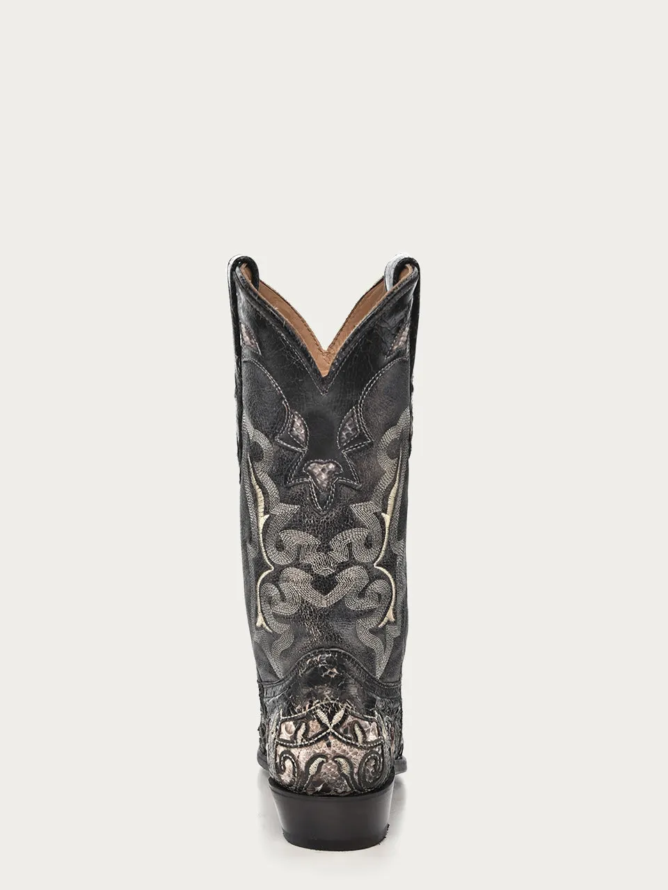 A4118 - MEN'S BLACK GOAT WITH GENUINE NATURAL PYTHON AND EMBROIDERY SNIP TOE COWBOY BOOT