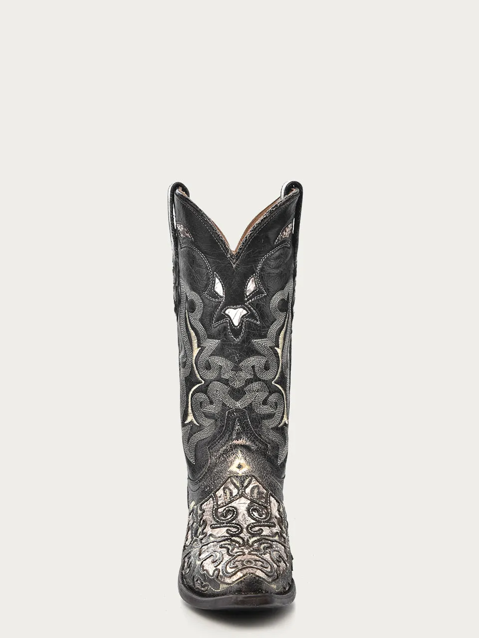 A4118 - MEN'S BLACK GOAT WITH GENUINE NATURAL PYTHON AND EMBROIDERY SNIP TOE COWBOY BOOT