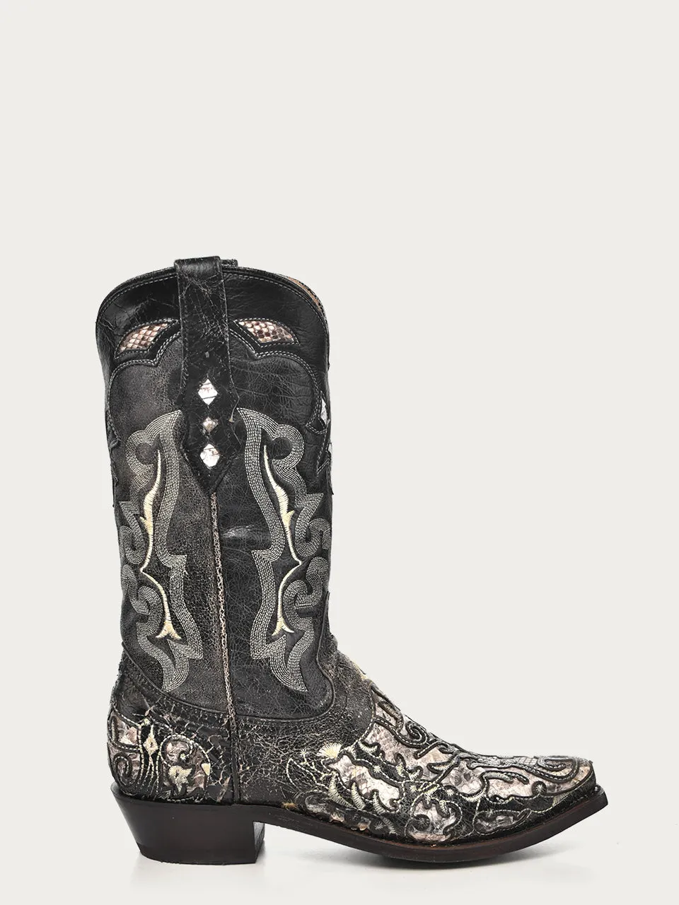 A4118 - MEN'S BLACK GOAT WITH GENUINE NATURAL PYTHON AND EMBROIDERY SNIP TOE COWBOY BOOT