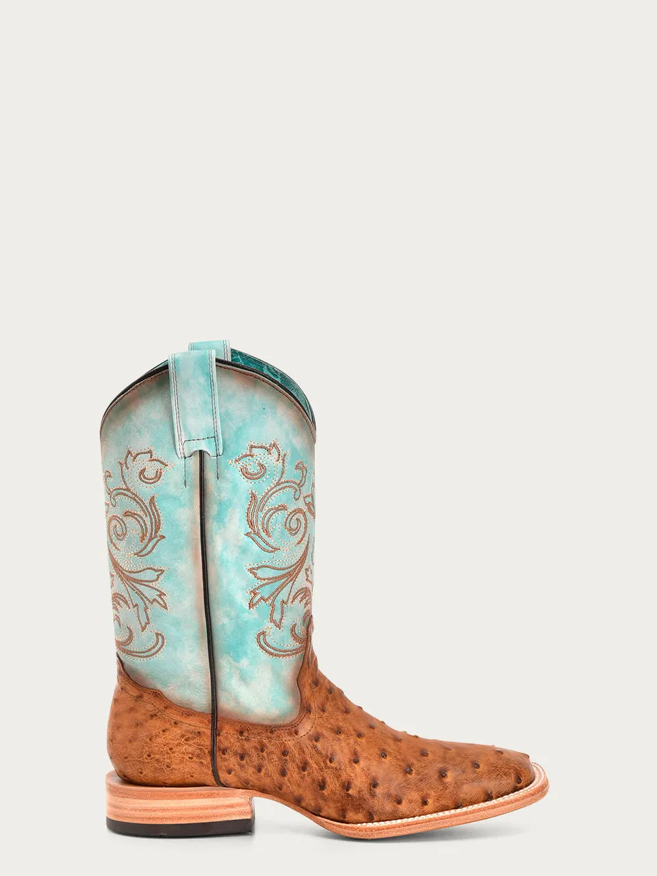 B5006 - WOMEN'S HONEY EMBROIDERY AND OSTRICH BLUE WIDE SQUARE TOE COWBOY BOOT
