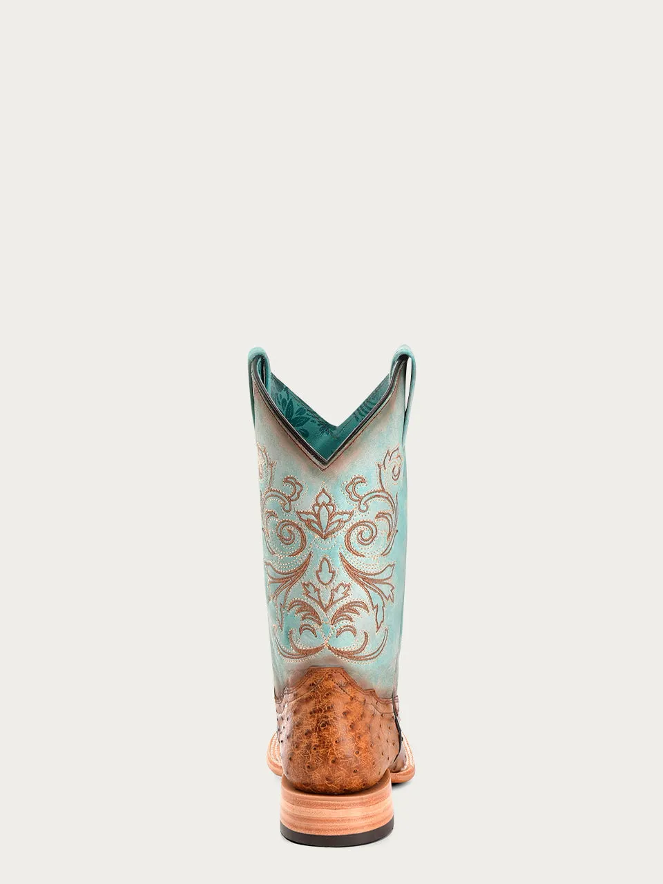 B5006 - WOMEN'S HONEY EMBROIDERY AND OSTRICH BLUE WIDE SQUARE TOE COWBOY BOOT
