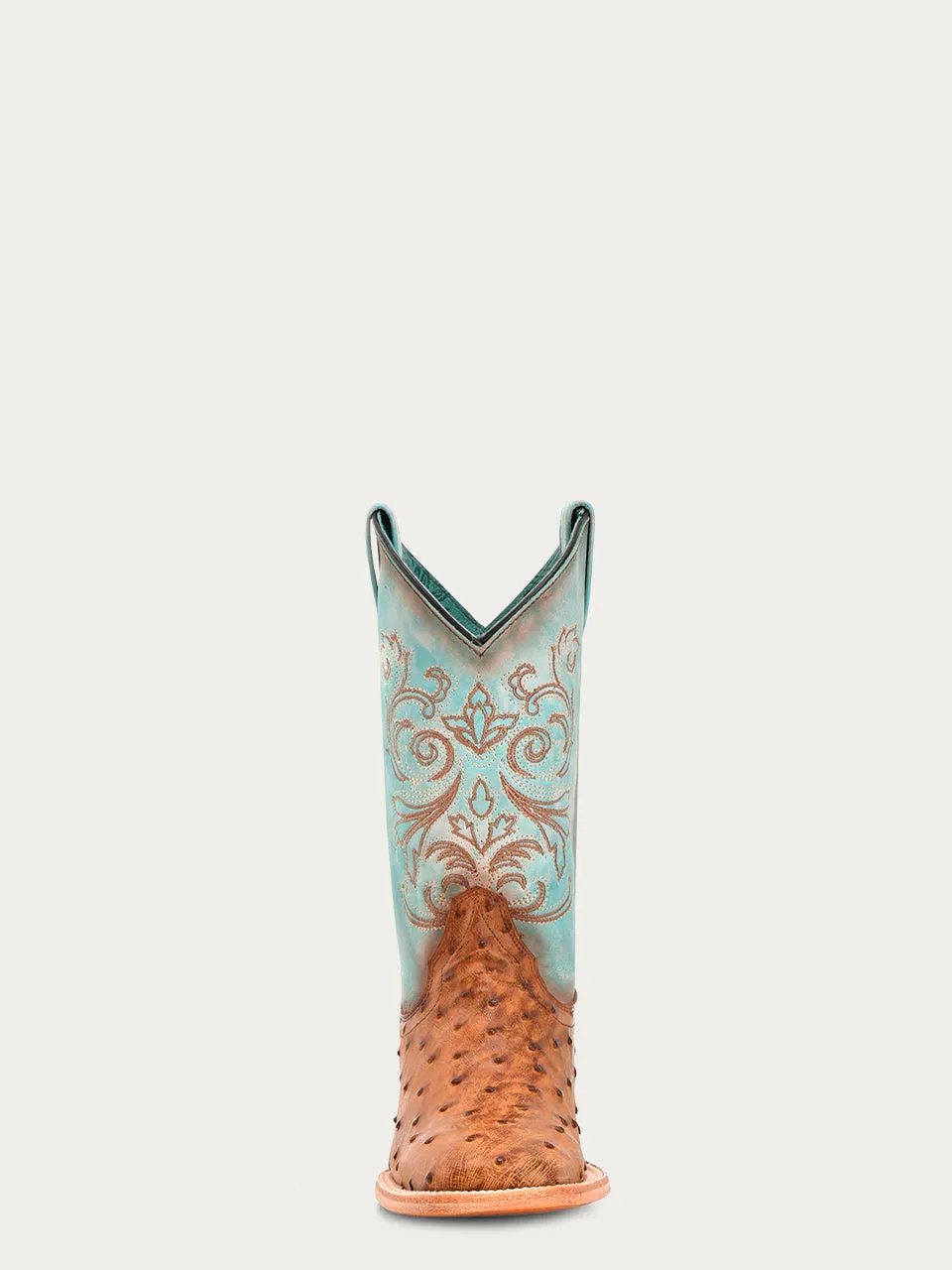 B5006 - WOMEN'S HONEY EMBROIDERY AND OSTRICH BLUE WIDE SQUARE TOE COWBOY BOOT