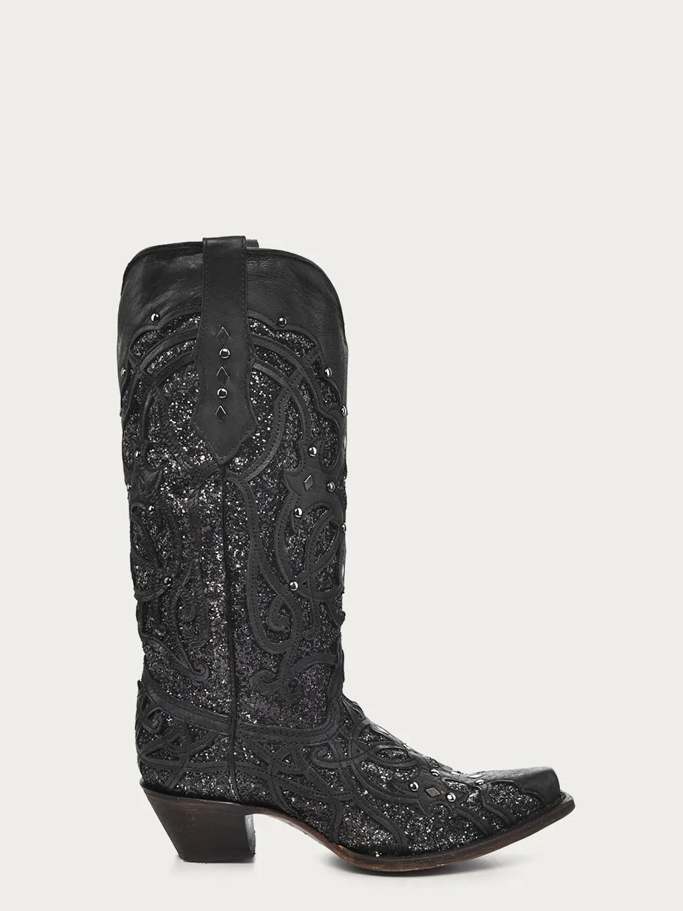 C3423 - WOMEN'S BLACK GLITTERED INLAY BLACK SNIP TOE COWBOY BOOT