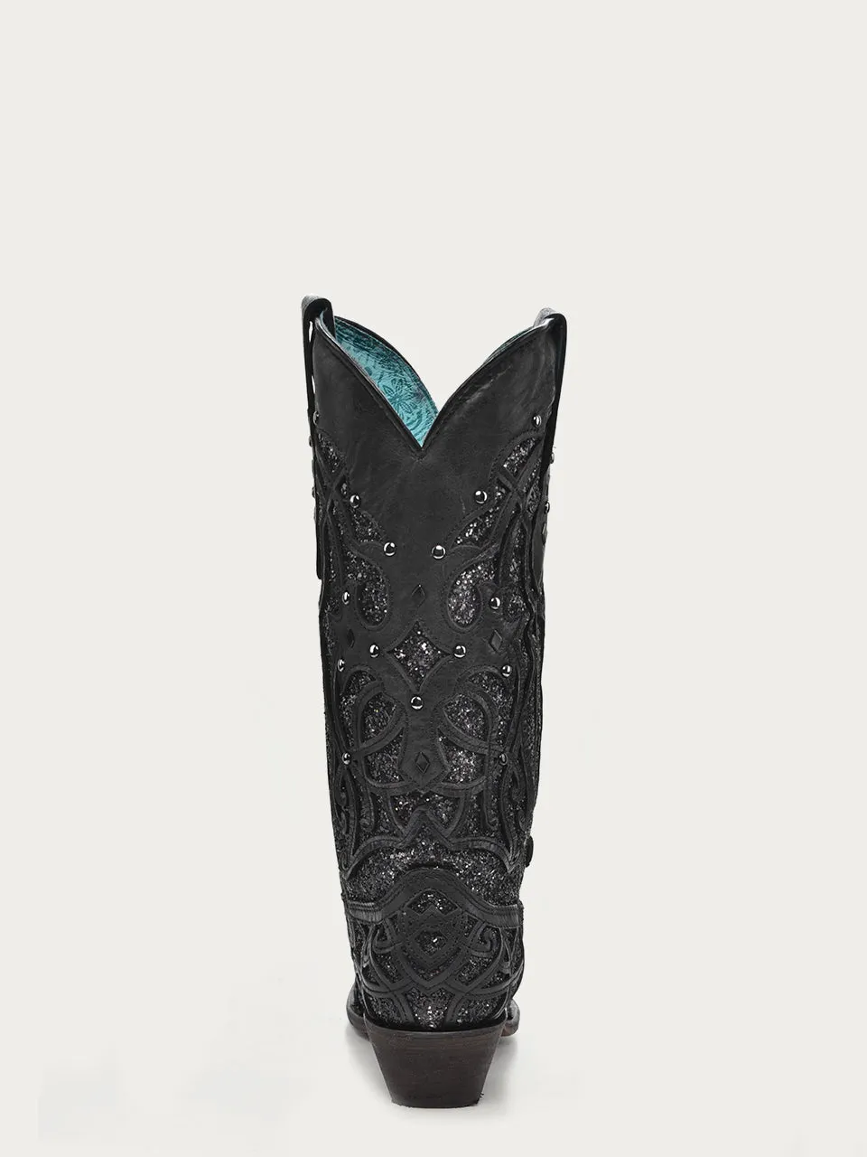 C3423 - WOMEN'S BLACK GLITTERED INLAY BLACK SNIP TOE COWBOY BOOT