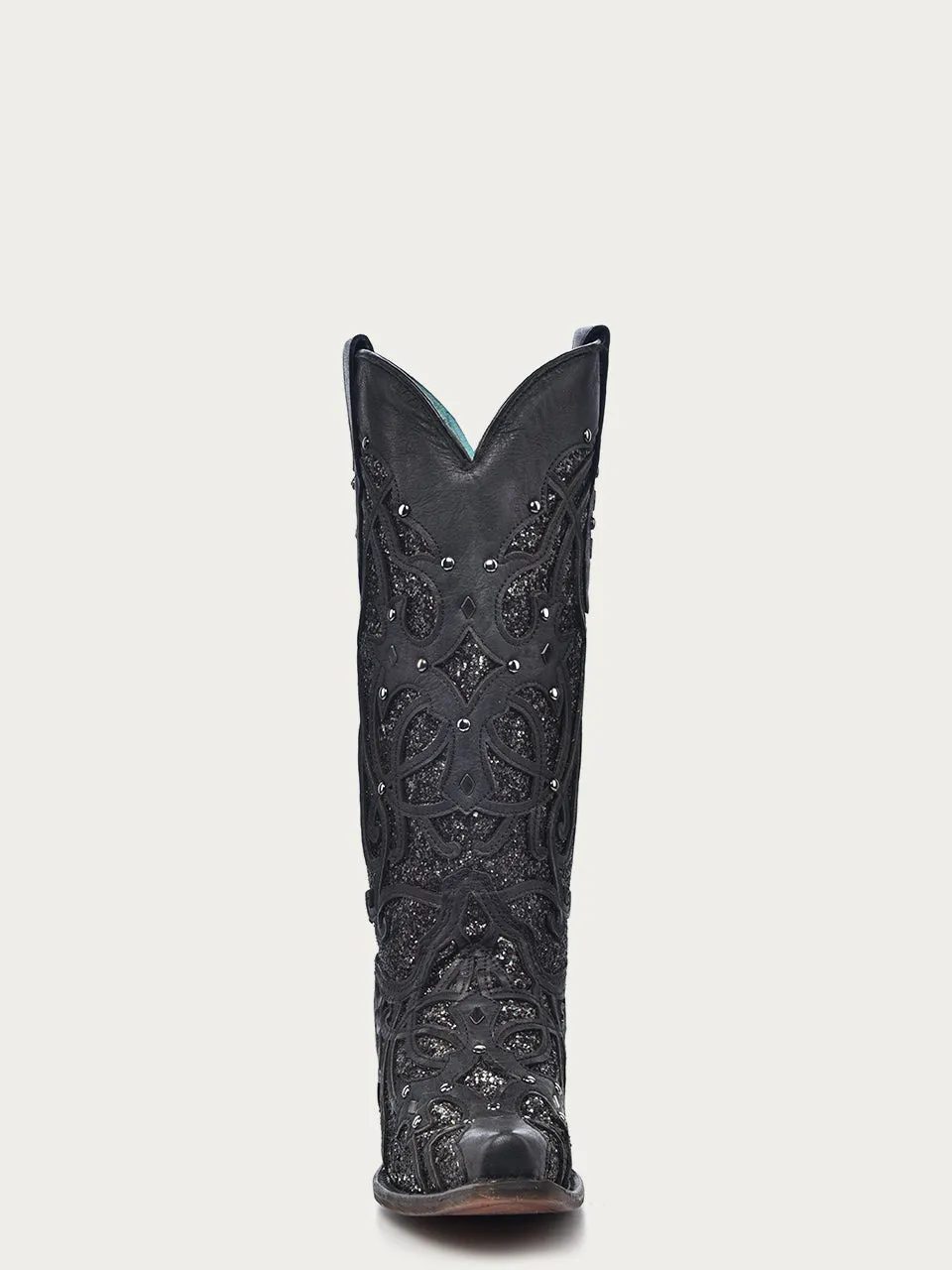 C3423 - WOMEN'S BLACK GLITTERED INLAY BLACK SNIP TOE COWBOY BOOT