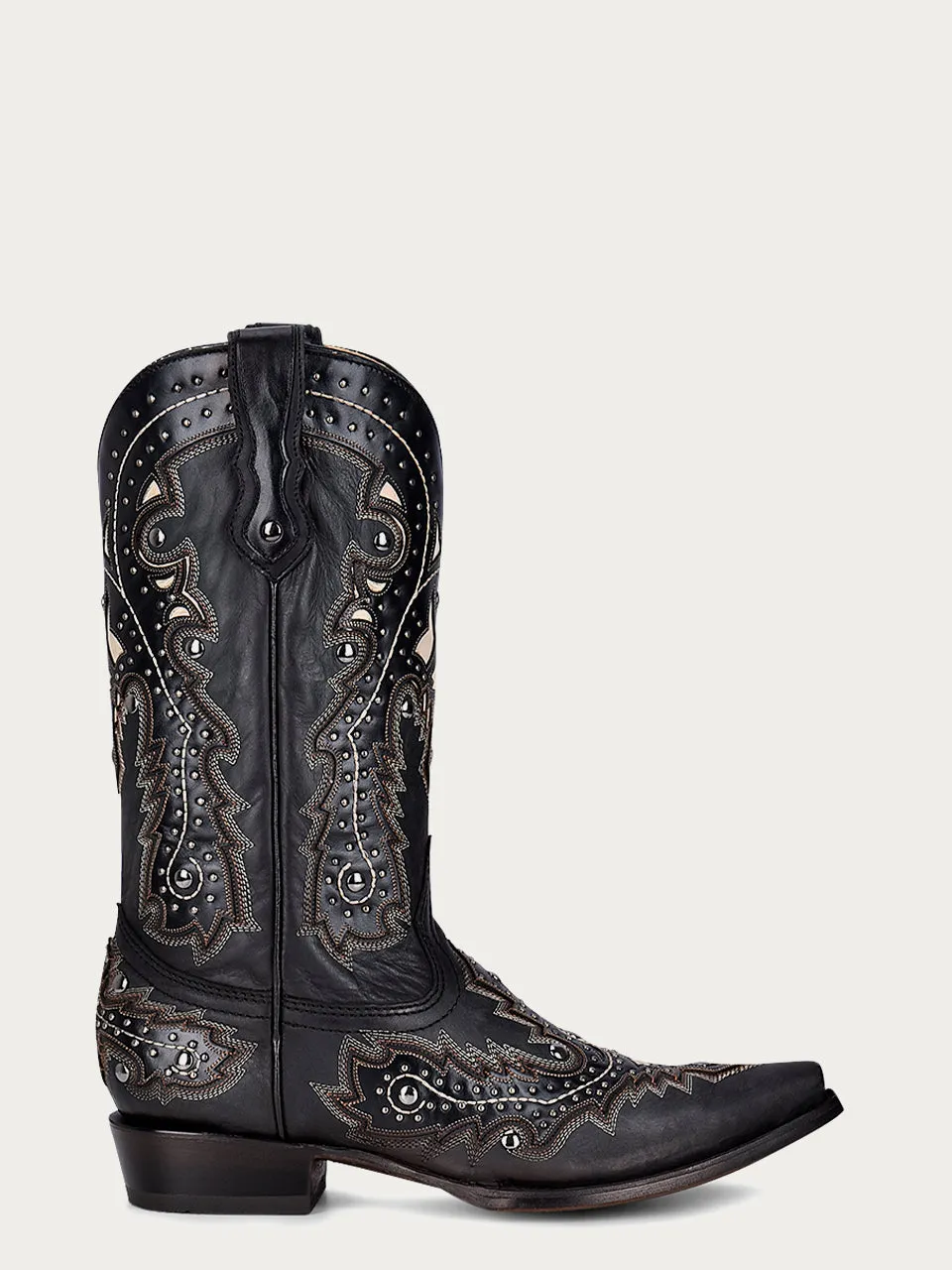 C3847 - MEN'S WHITE INLAY EMBROIDERY AND STUDS SNIP TOE BLACK COWBOY BOOT