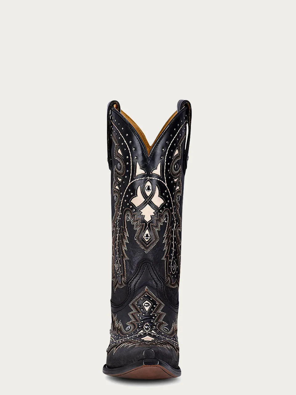 C3847 - MEN'S WHITE INLAY EMBROIDERY AND STUDS SNIP TOE BLACK COWBOY BOOT