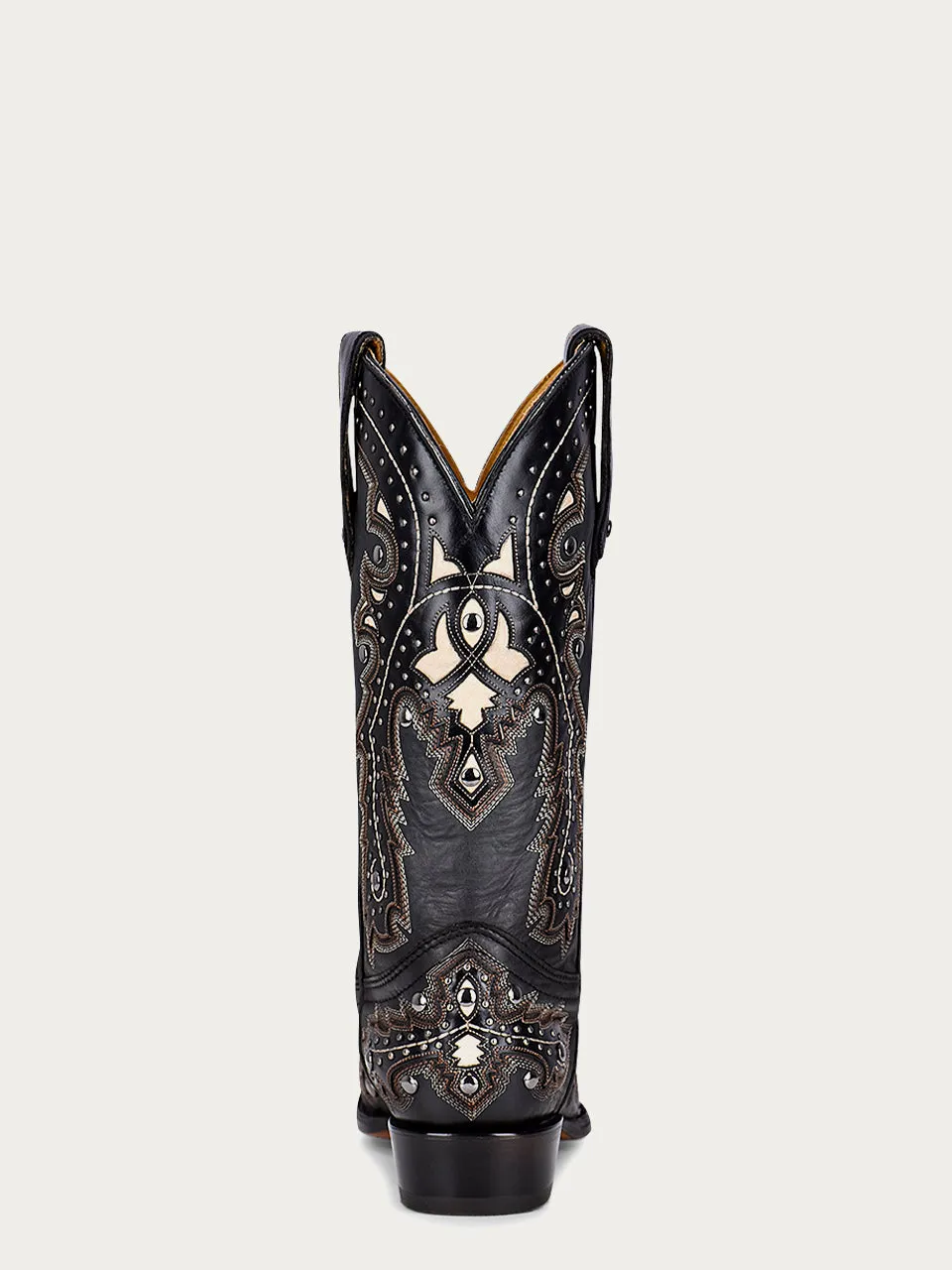 C3847 - MEN'S WHITE INLAY EMBROIDERY AND STUDS SNIP TOE BLACK COWBOY BOOT