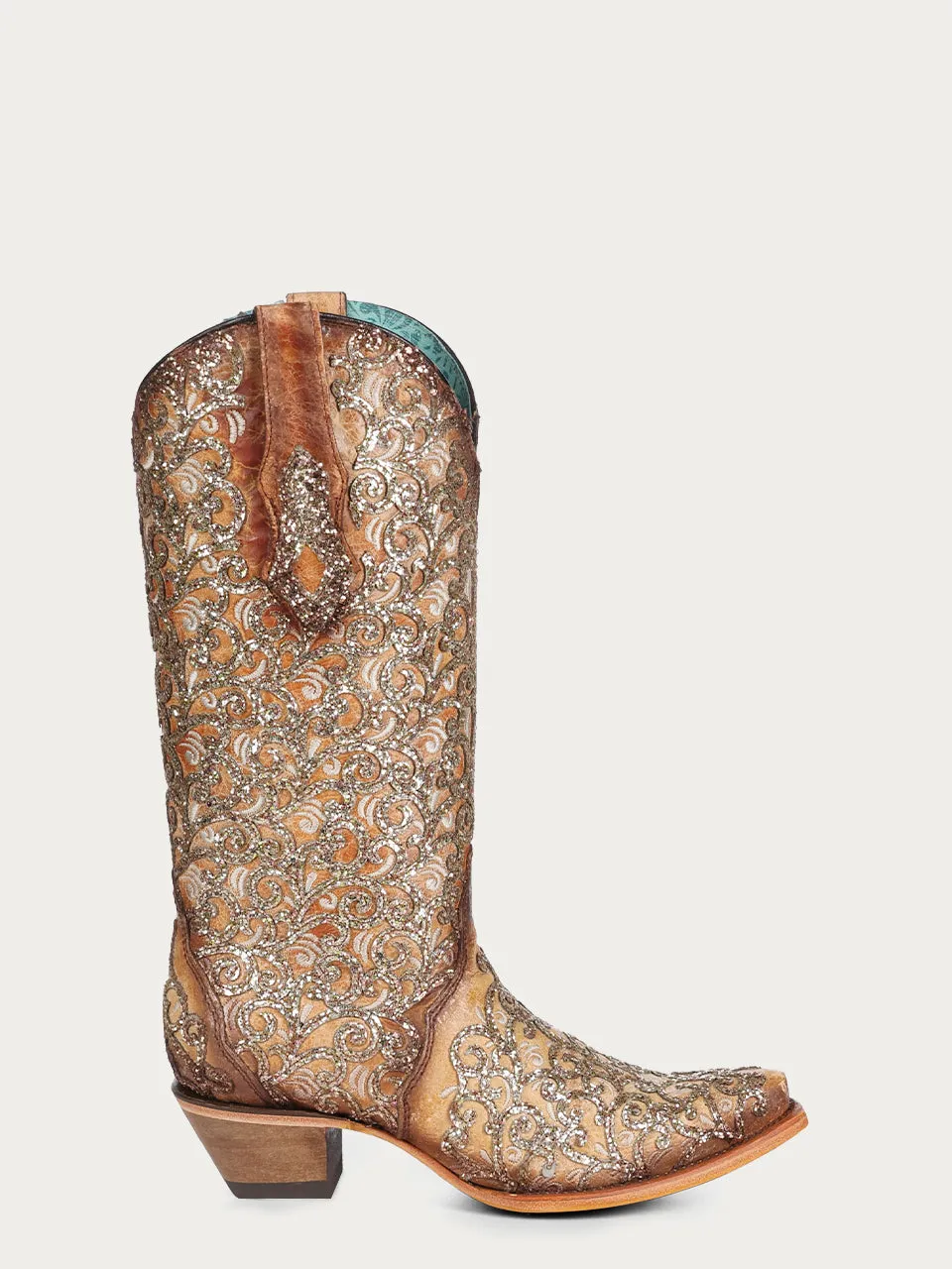 C4051 - WOMEN'S SAND GLITTER OVERLAY AND EMBROIDERY TRIAD SNIP TOE COWBOY BOOT