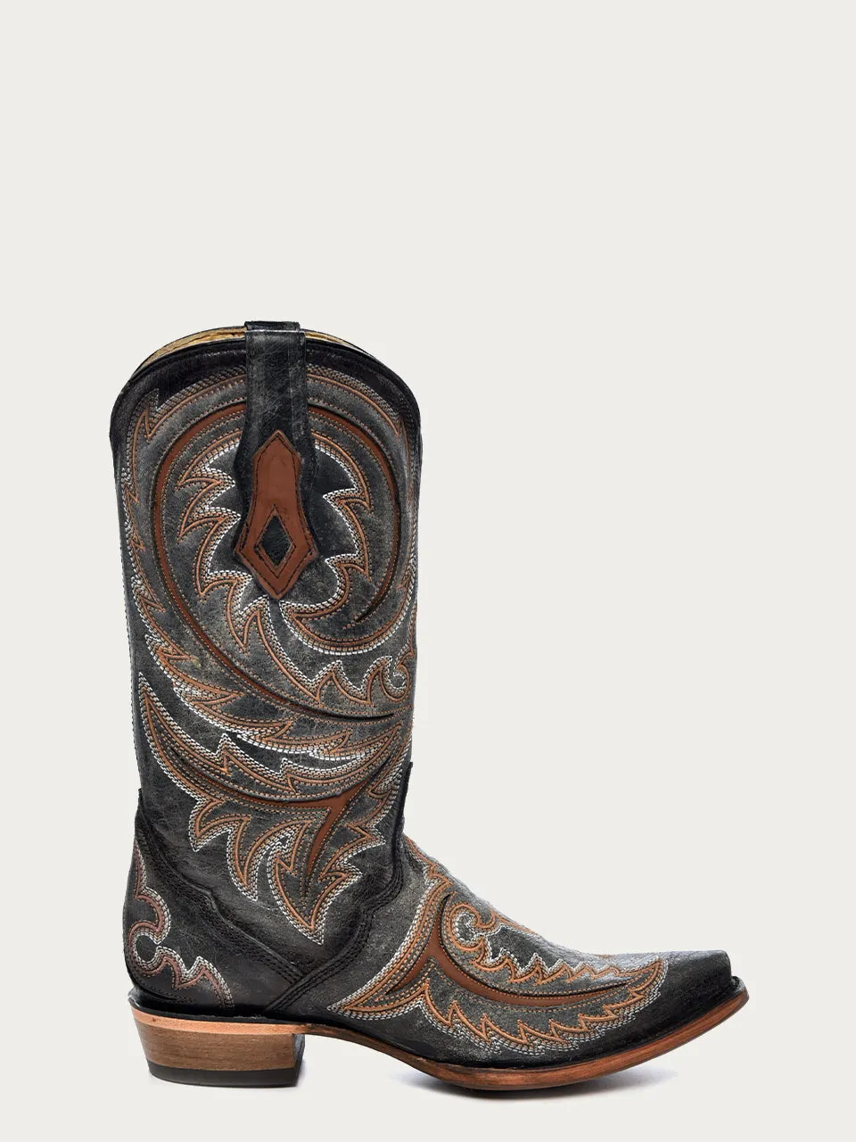 C4076-MEN'S BROWN INLAY EMBROIDERY TRIAD SNIP TOE GREY COWBOY BOOT