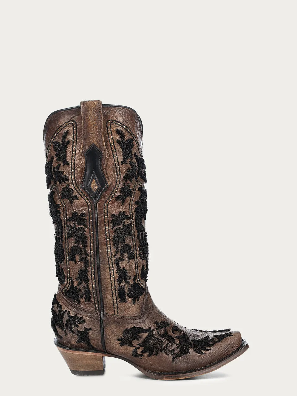 C4132 - WOMEN'S COGNAC 3D BRISTLE EMBROIDERY CRACKLED GOLD SNIP TOE COWBOY BOOT
