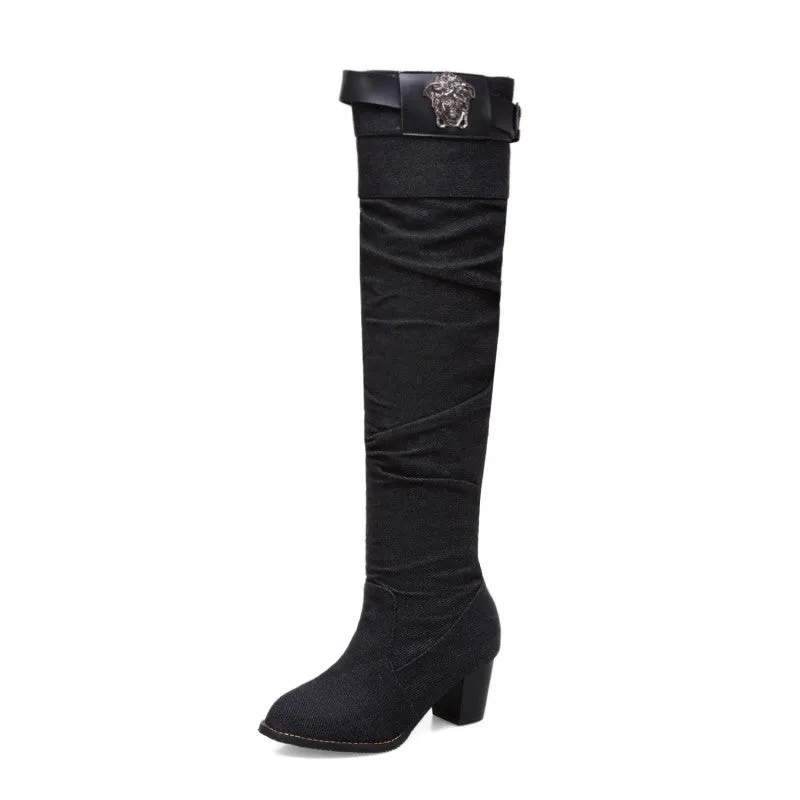 Denim women's boots thick heel high heel velvet high tube Boots