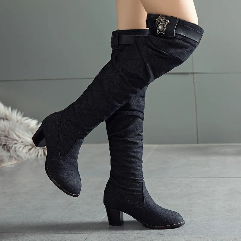 Denim women's boots thick heel high heel velvet high tube Boots