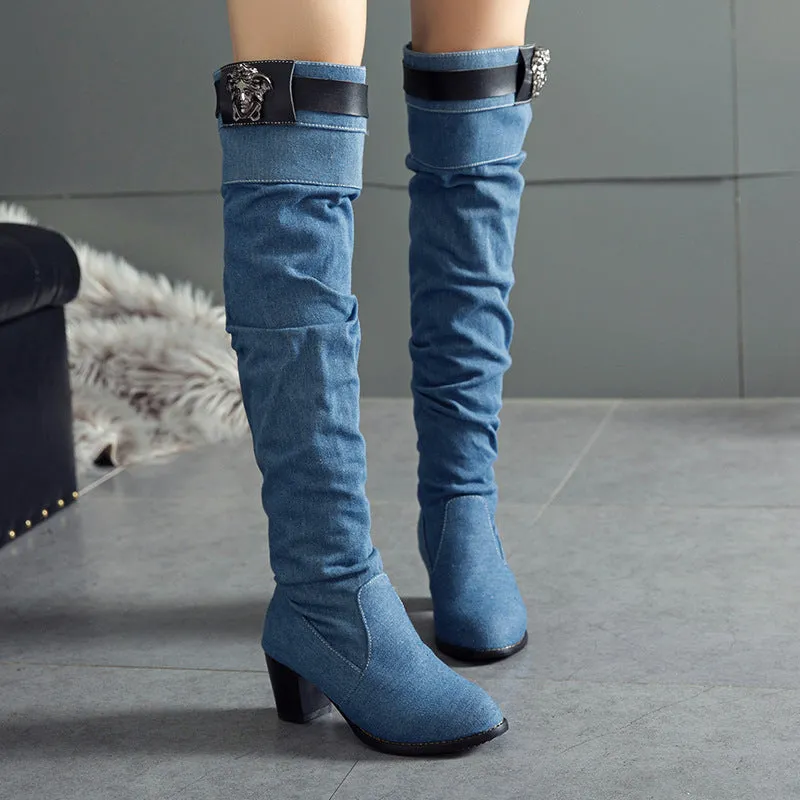 Denim women's boots thick heel high heel velvet high tube Boots