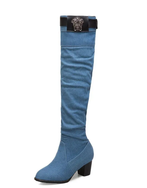 Denim women's boots thick heel high heel velvet high tube Boots