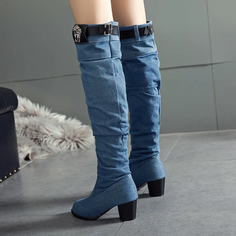 Denim women's boots thick heel high heel velvet high tube Boots