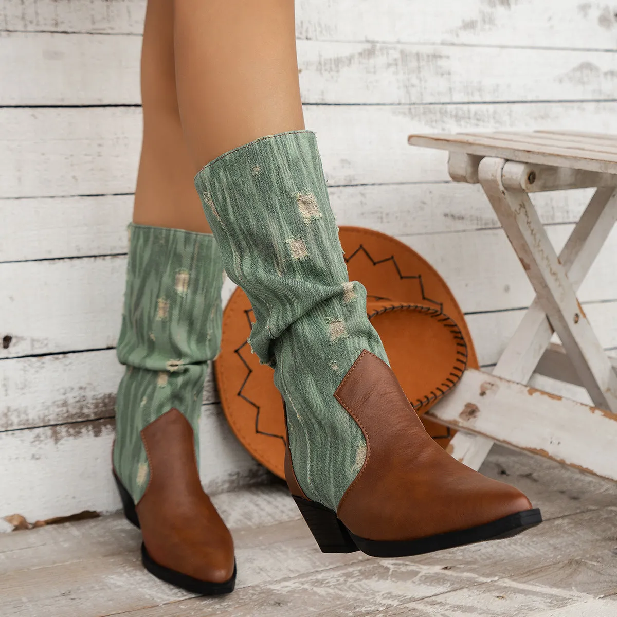elveswallet Distressed old style Canvas paneled block heel mid-calf boots
