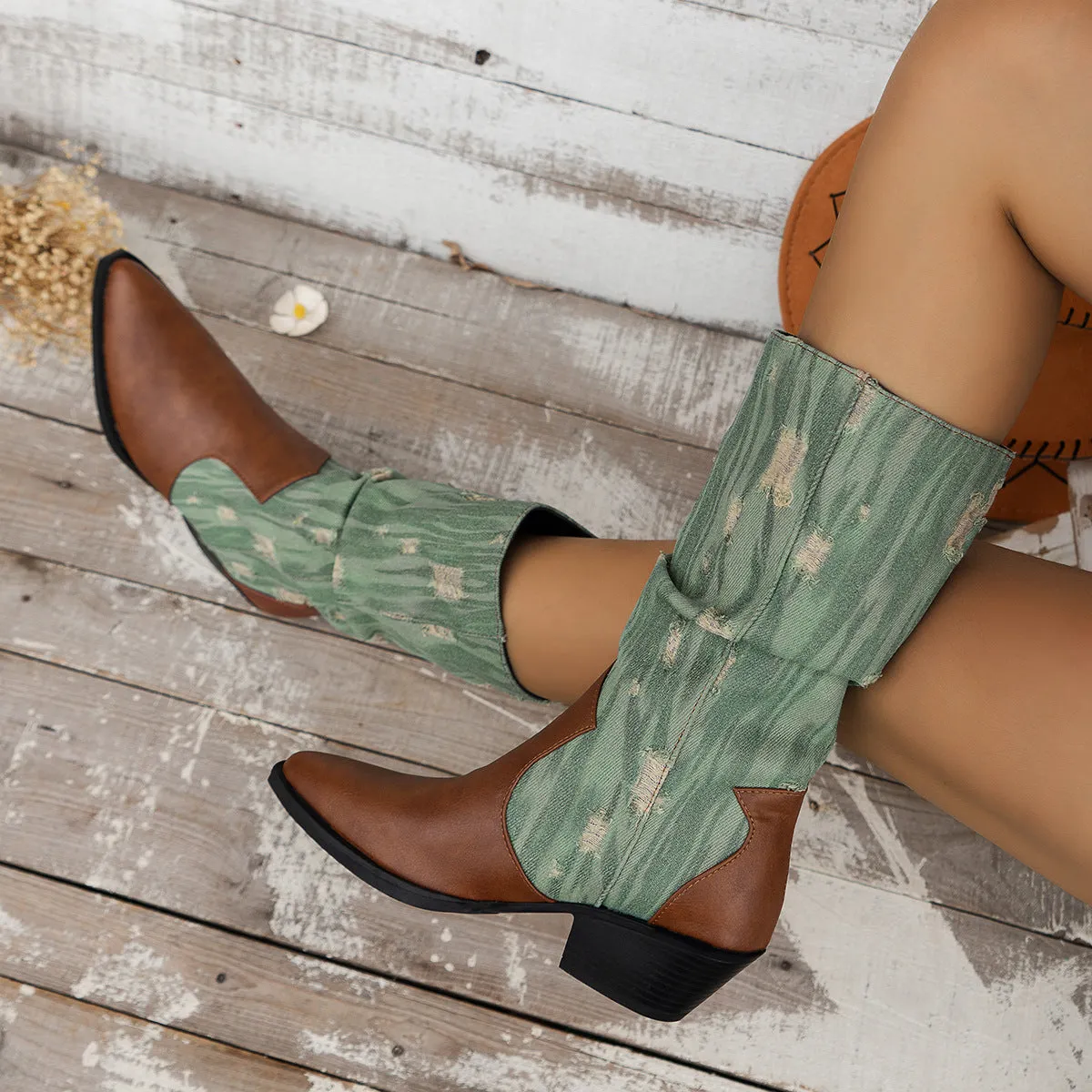elveswallet Distressed old style Canvas paneled block heel mid-calf boots