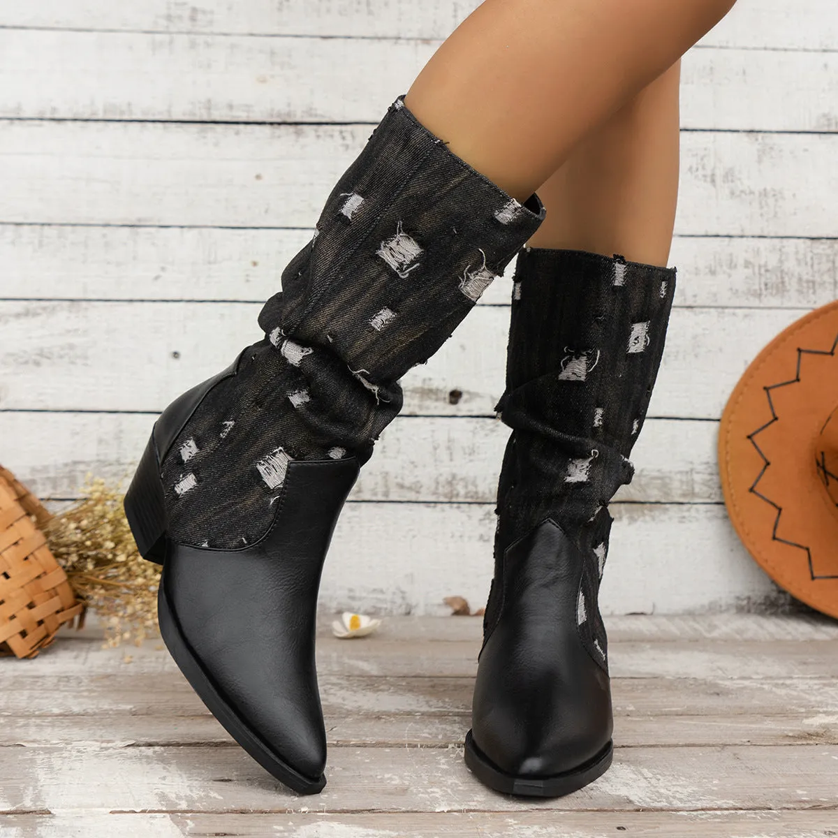 elveswallet Distressed old style Canvas paneled block heel mid-calf boots