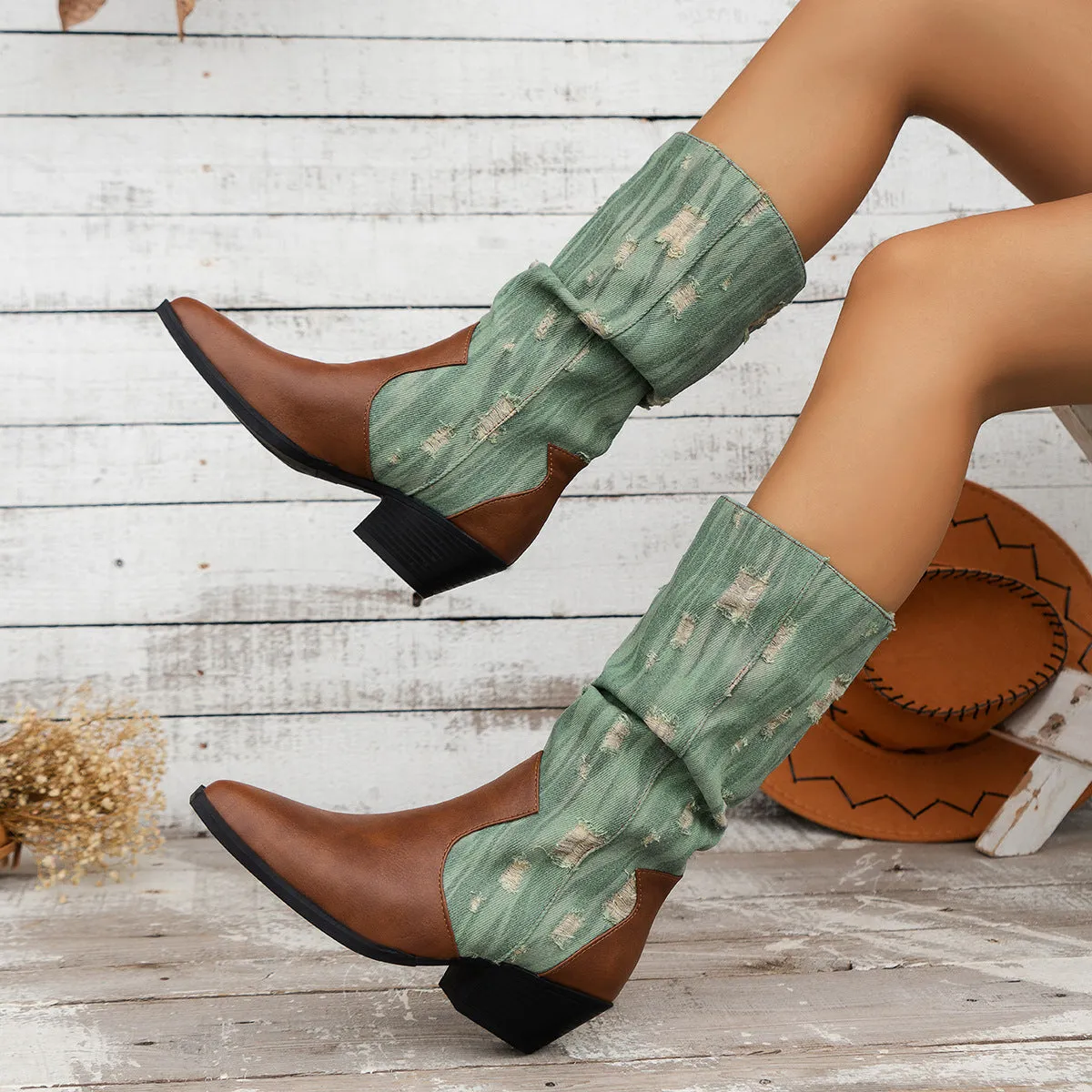elveswallet Distressed old style Canvas paneled block heel mid-calf boots