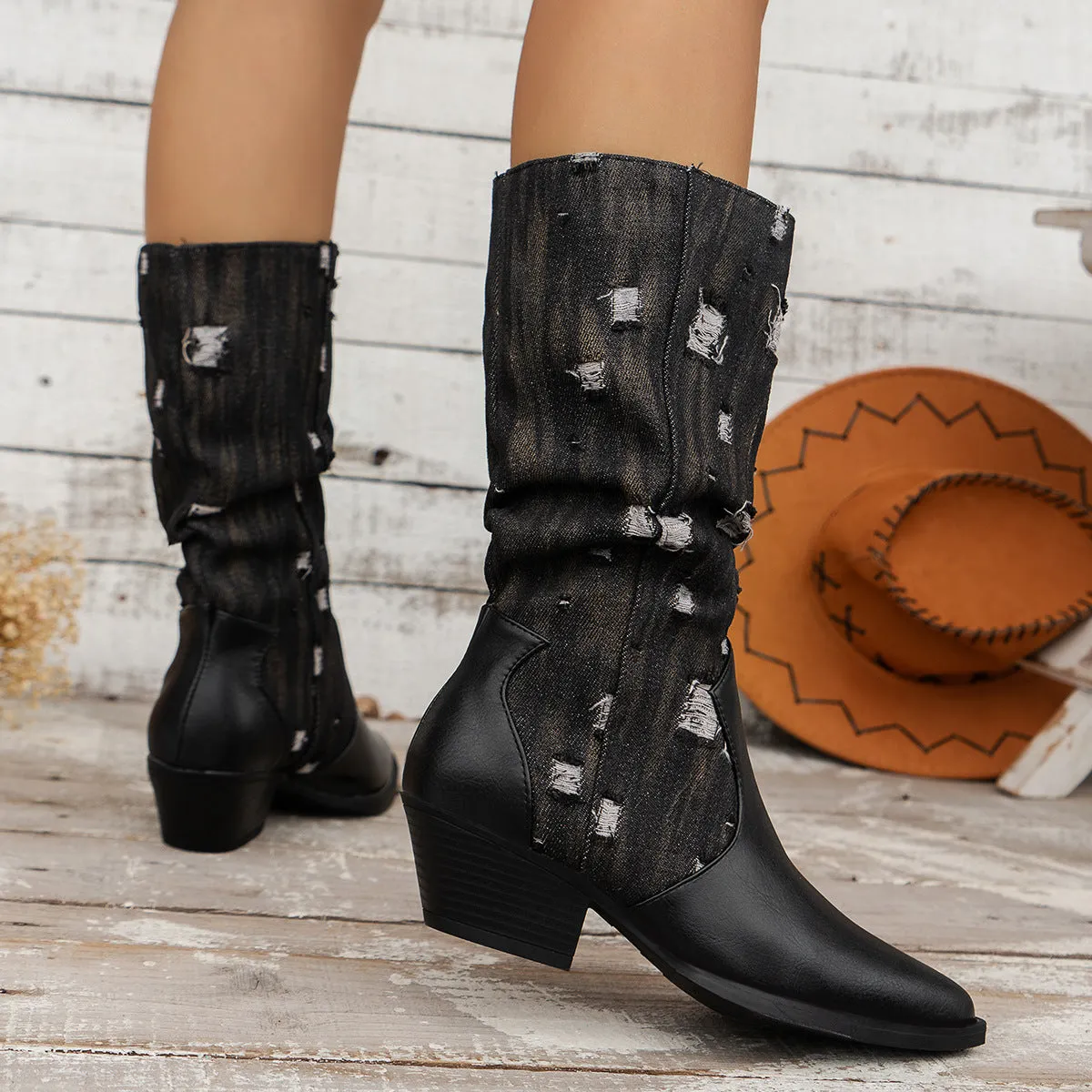 elveswallet Distressed old style Canvas paneled block heel mid-calf boots