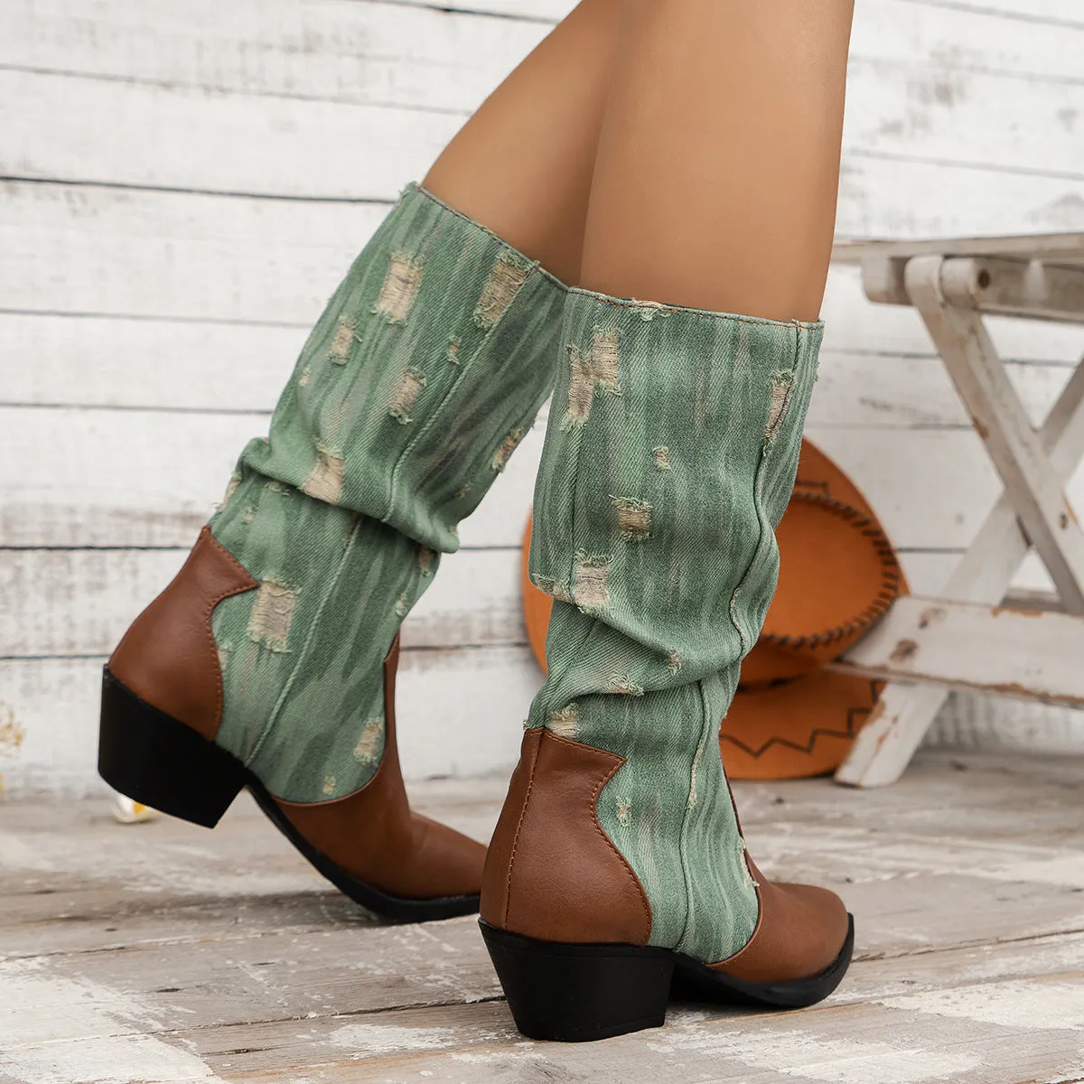 elveswallet Distressed old style Canvas paneled block heel mid-calf boots