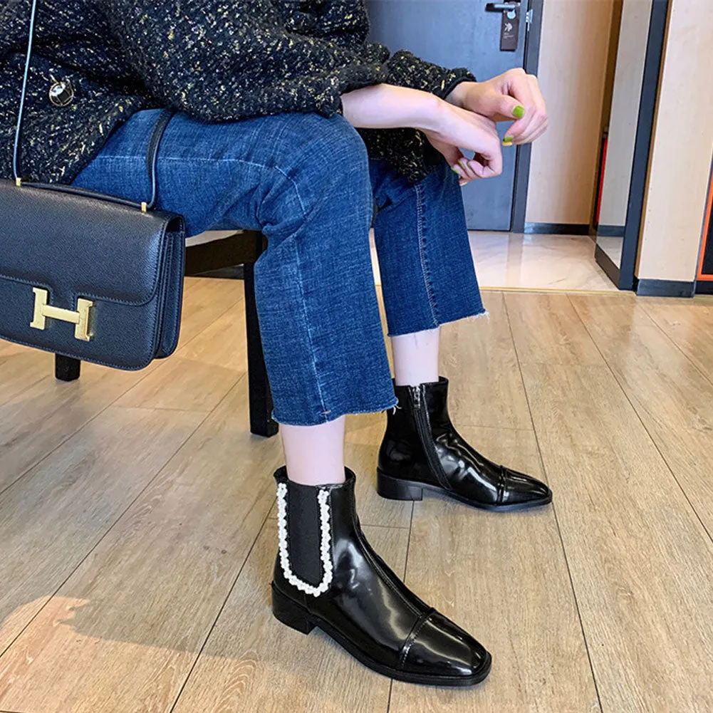 Ladies Round Toe Low Heel Pearl Chelsea Boots Slip On