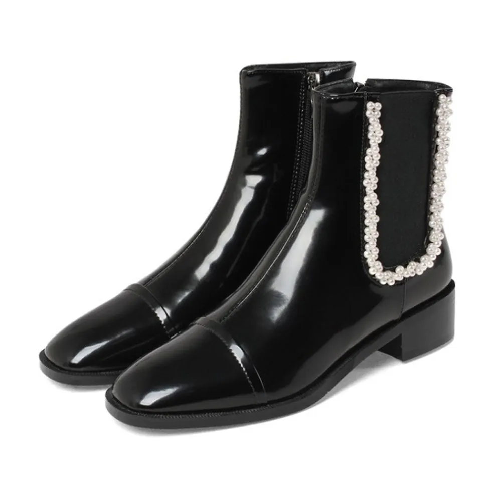 Ladies Round Toe Low Heel Pearl Chelsea Boots Slip On