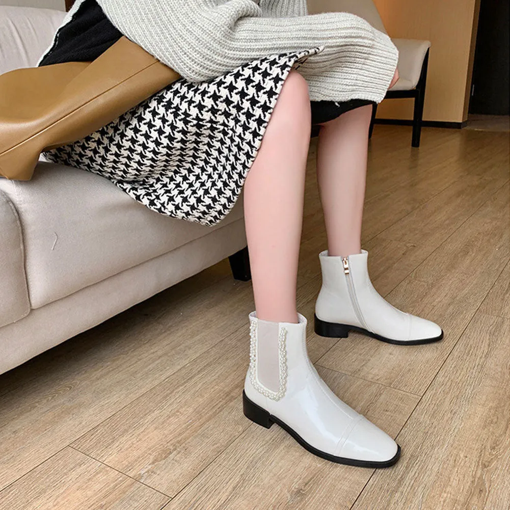 Ladies Round Toe Low Heel Pearl Chelsea Boots Slip On
