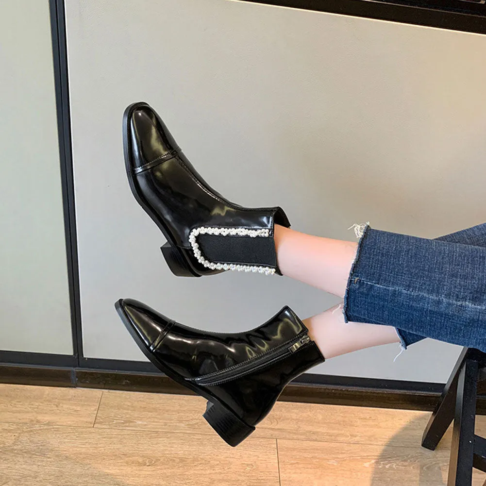 Ladies Round Toe Low Heel Pearl Chelsea Boots Slip On