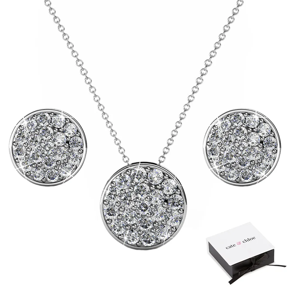 Nelly “Valor” 18k White Gold Swarovski Crystal Pave Stud Necklace and Earrings Jewelry Set