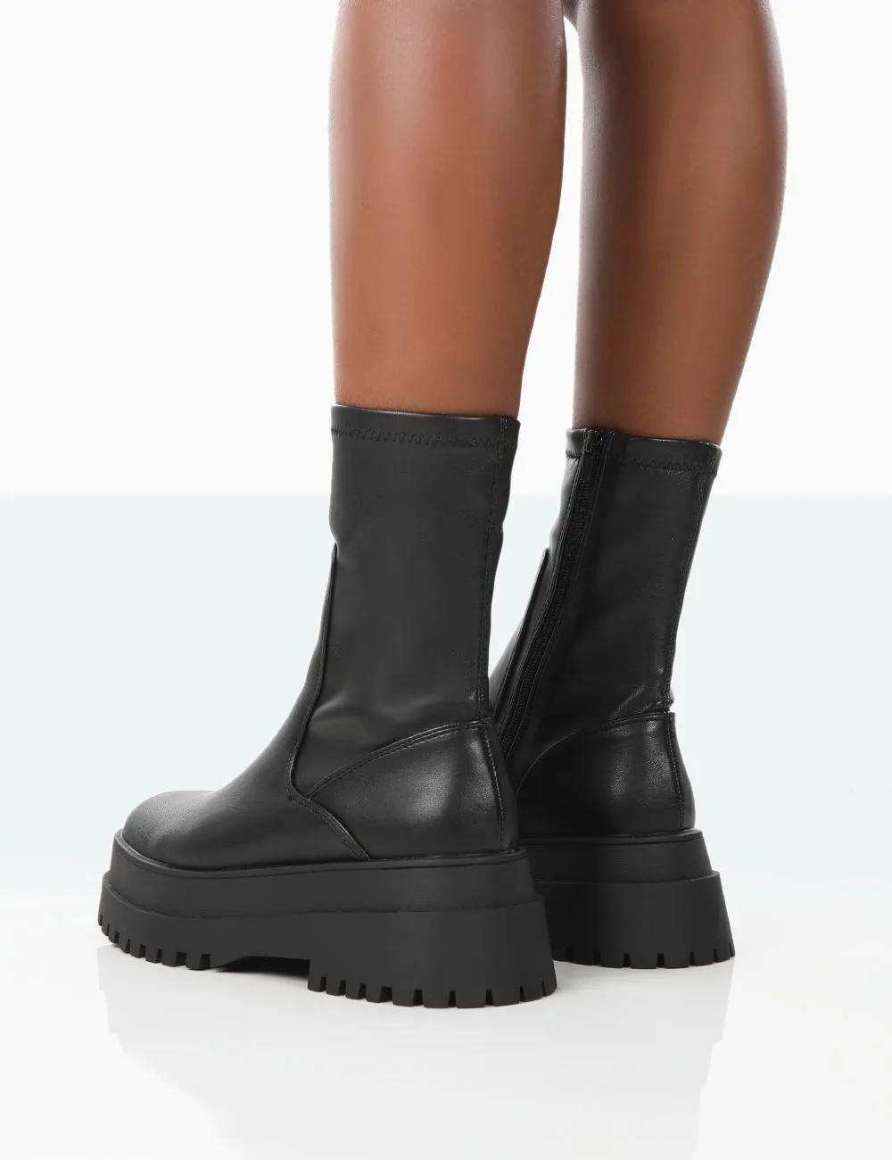 Rusty Black Pu Chunky Sole Sock Ankle Boots