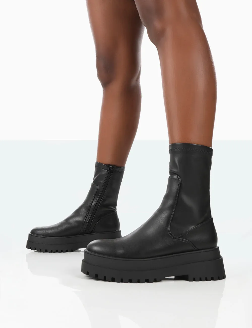 Rusty Black Pu Chunky Sole Sock Ankle Boots