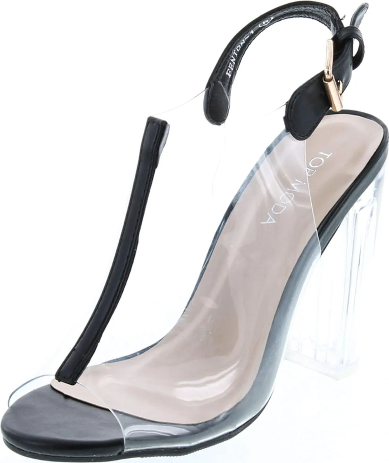 Silver Clear Lucite Ankle Strap Peep Toe Chunky Clear Heel Sandal