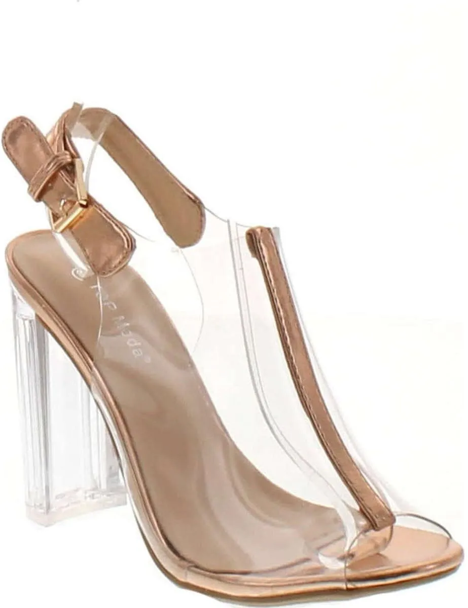 Silver Clear Lucite Ankle Strap Peep Toe Chunky Clear Heel Sandal