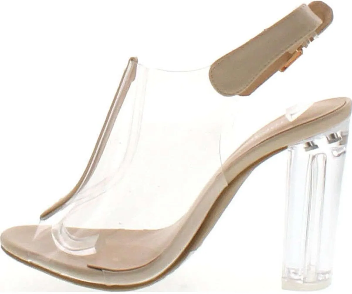 Silver Clear Lucite Ankle Strap Peep Toe Chunky Clear Heel Sandal