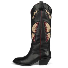 Womens Butterfly Embroidered Pointed Toe Stacked Heel Mid Calf Boots