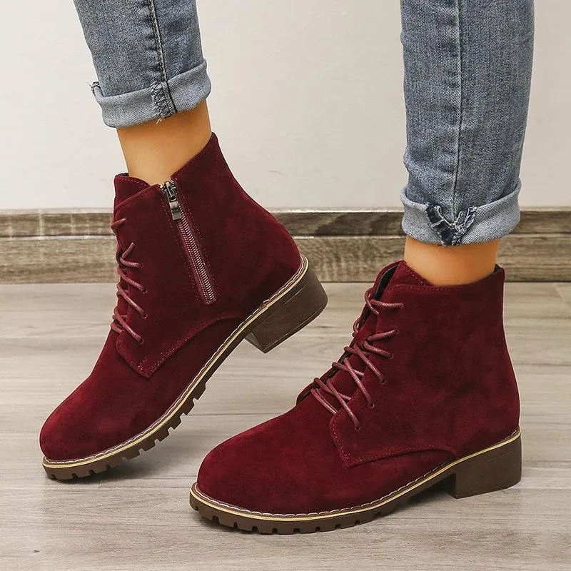 Women's faux suede lace-up  combat booties with zipper