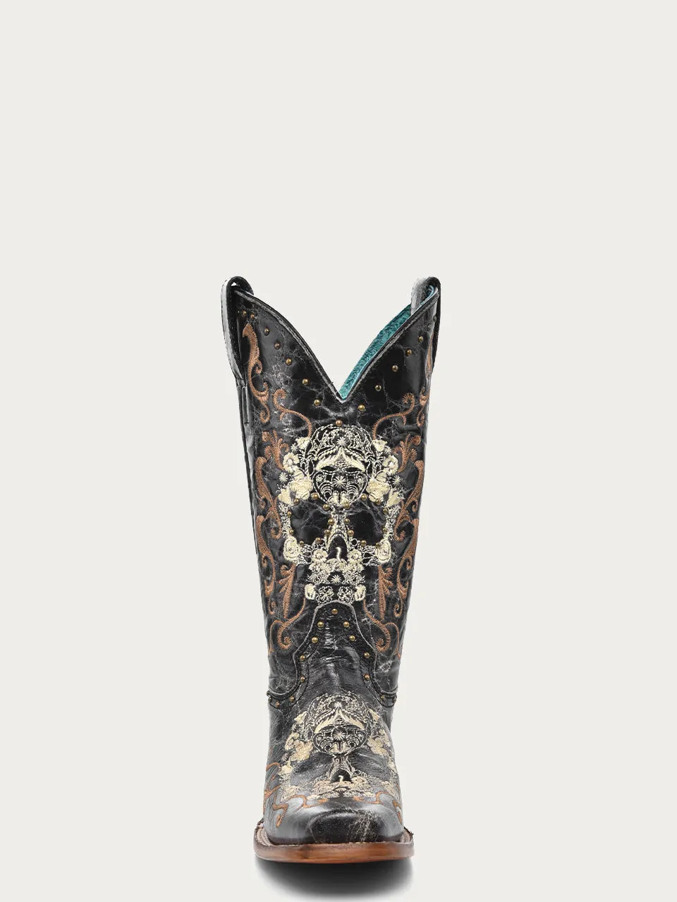 Z5005 - WOMEN'S BLACK AND WHITE FLORAL SUGAR SKULL SQUARE TOE COWBOY BOOT
