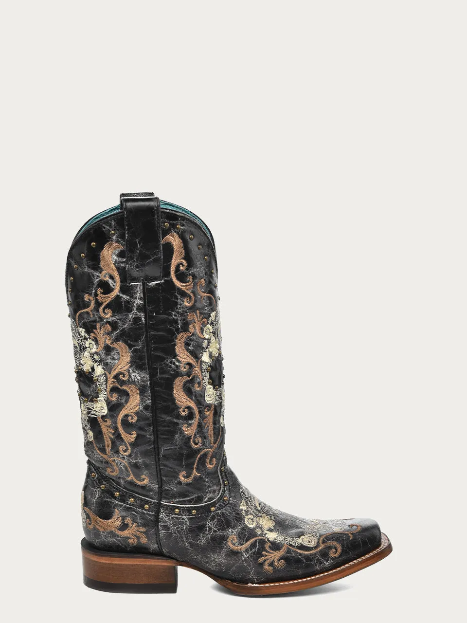 Z5005 - WOMEN'S BLACK AND WHITE FLORAL SUGAR SKULL SQUARE TOE COWBOY BOOT