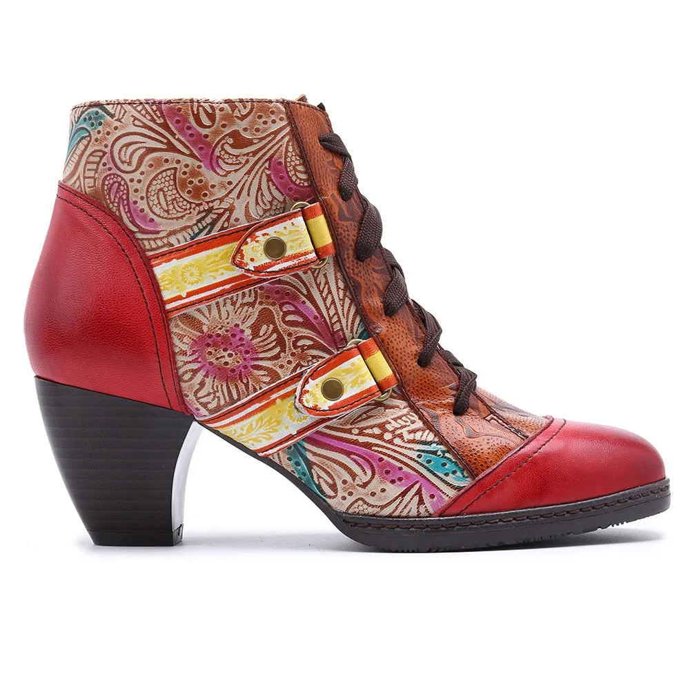 Zalor Bohemian Splicing Flower Pattern Lace Up Zipper Ankle Leather Boots